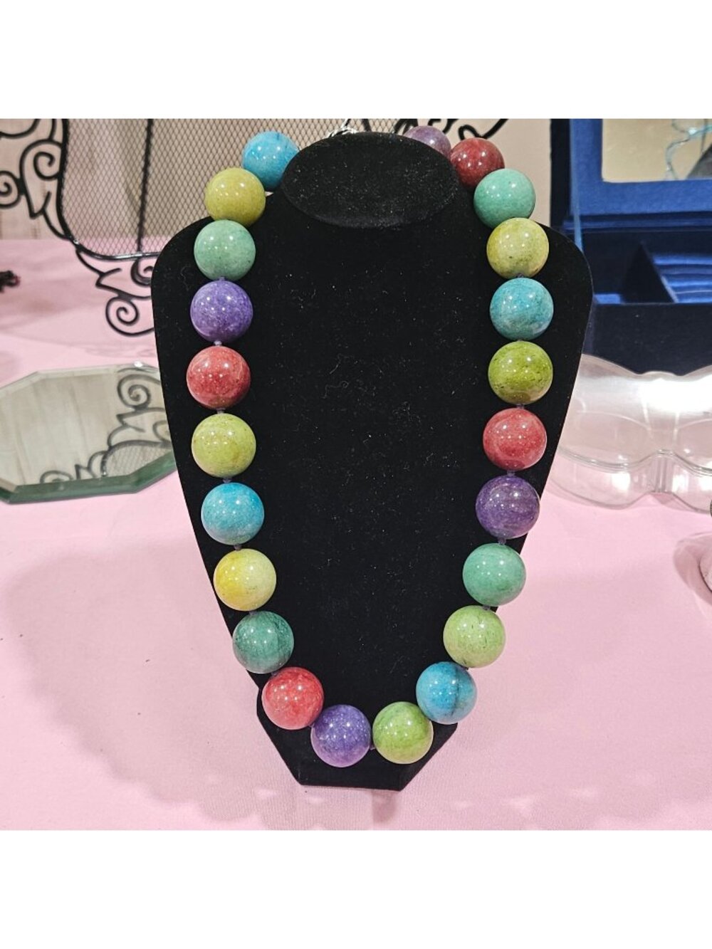 Colorful Beaded Statement Necklace With Rainbow Marble-Style Beads & Toggle Clas